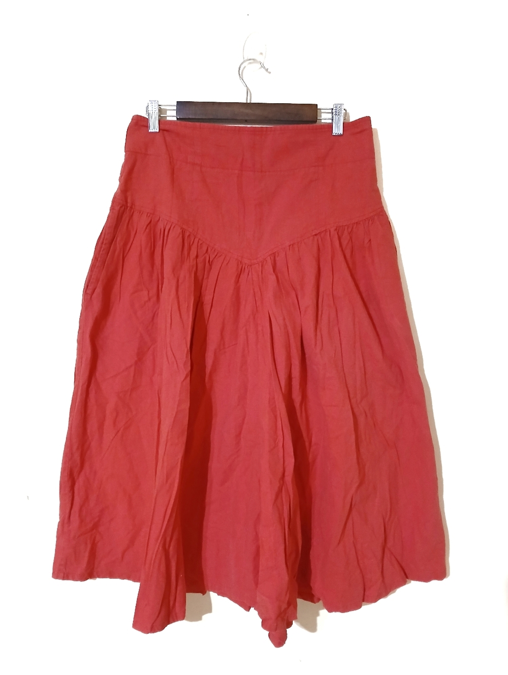 Vintage Red Cotton Midi Skirt Boho Cottagecore High Waist Full A-Line